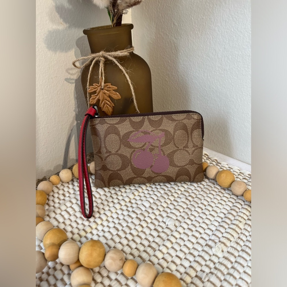 Coach ~ Signature Cherry Motif Corner Zip Wristlet Authentic